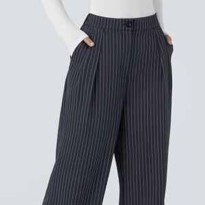 High Waisted Zipper Pocket Wide Leg Striped Work Pants, Midnight Blue (NWT)